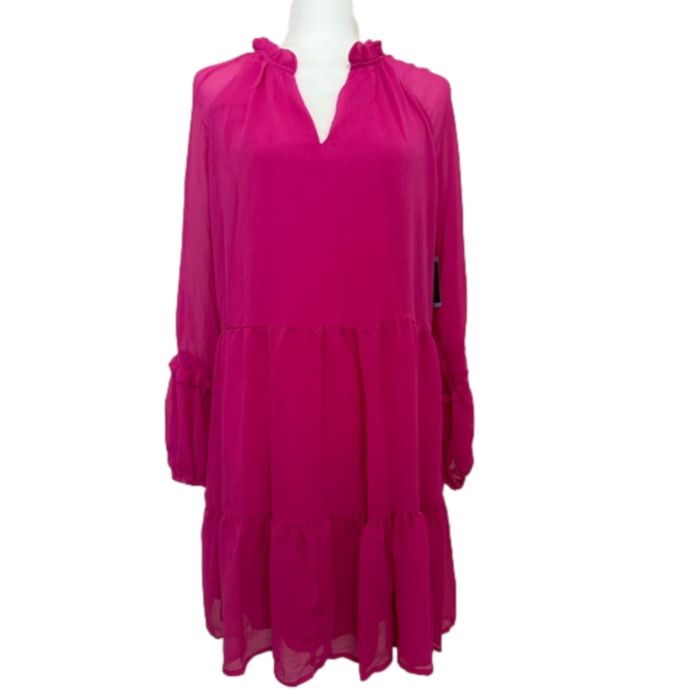 Vince Camuto Arresting Orchid Gully Lined Dress Sheer Sleeves, V-Neck NWT